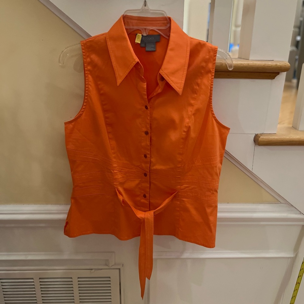 Ladies Size 12 Eccoci Sleeveless Tie-Front Button Blouse - Orange GUC